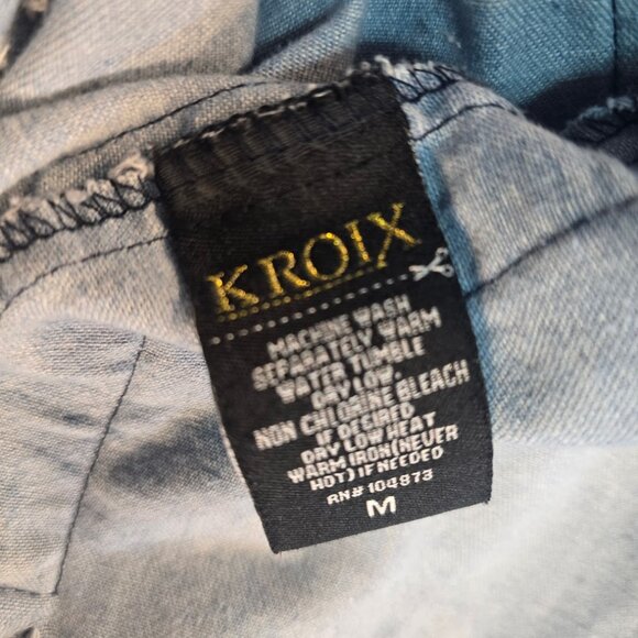 Kroix Shirt Womens Medium Blue Chambray Longline Distressed Rainbow Tunic - Picture 4 of 13